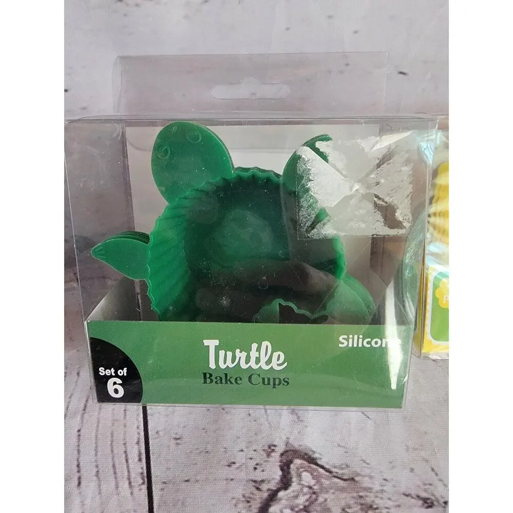 Silicone Cupcake Baking Reusable Non-Stick Liners Holders 12 6 Turtles 6 Stars