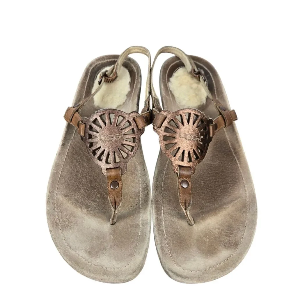 UGG T Strap Medallion Sandals Women's Sz 8 Bronze Brown Ankle Strap Fur Heel