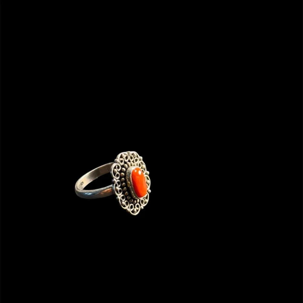 Sterling Silver Adjustable Ring with Genuine Coral Stone – 5.8g