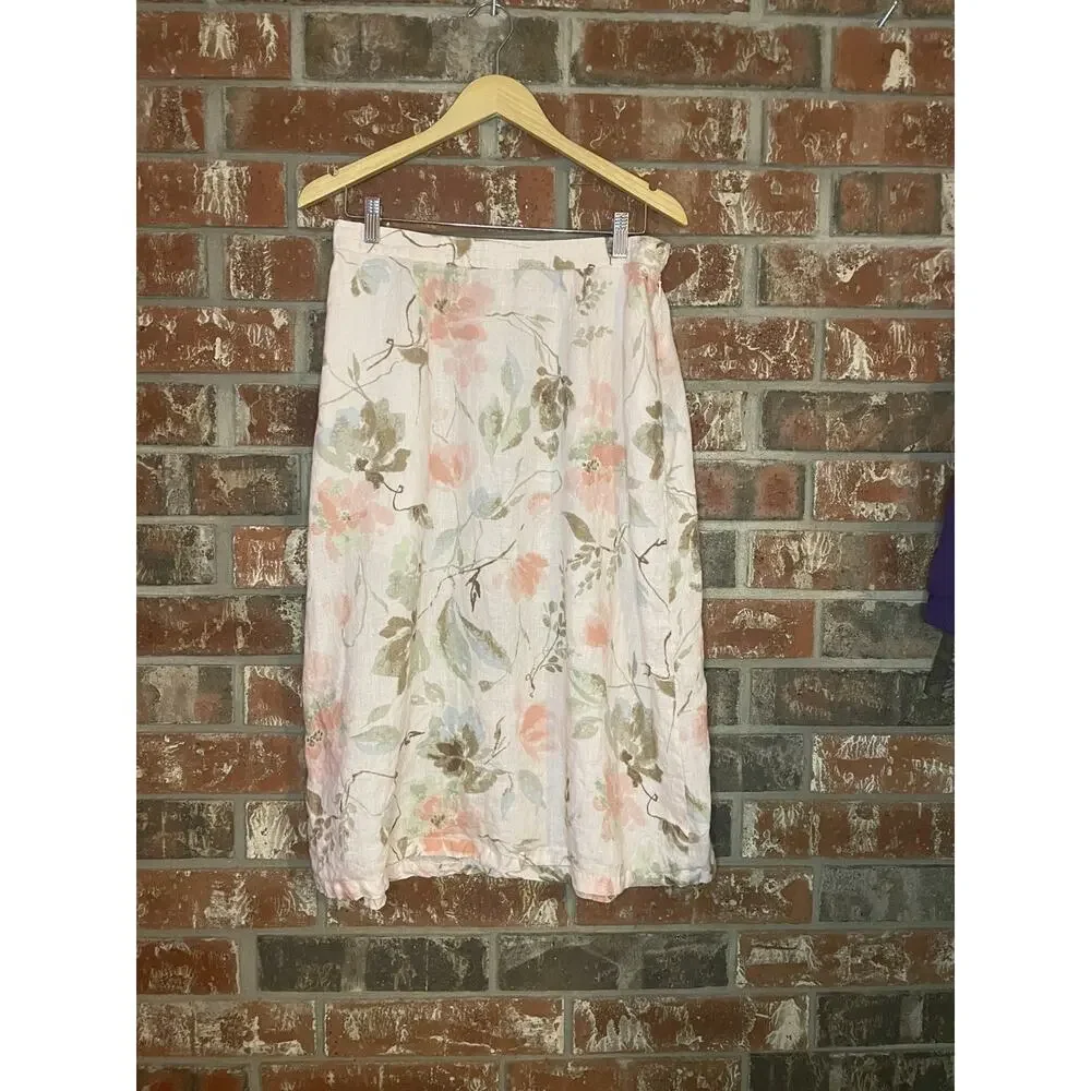 Vintage Floral 100% Linen Midi A-line Skirt Petite Large Femme Petal Pink