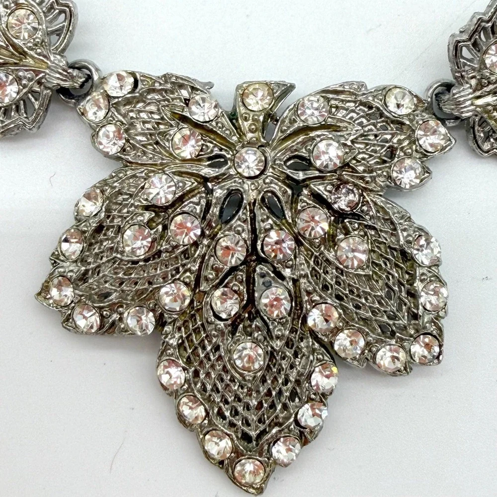 Vintage Rhinestone Leaf Necklace Brooch Set Silver‎ Tone Filigree Maple Leaf