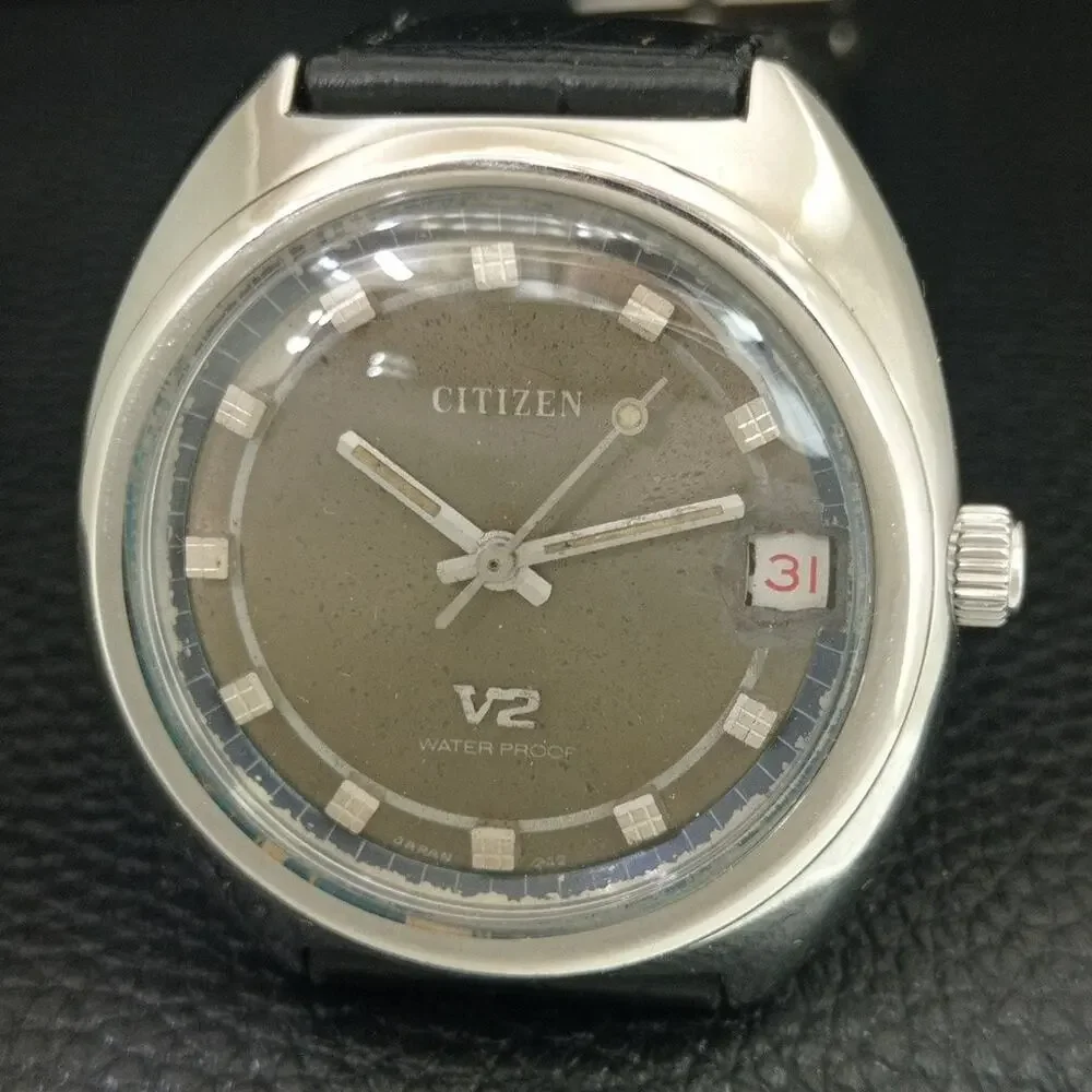 Vintage 1971 Citizen Manual Wound Mens Silver Watch W/Date & Green accents