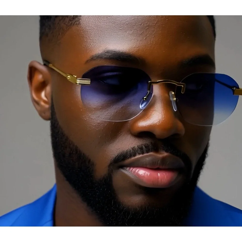 Rimless Sunglasses Men Vintage Designer Style Blue Lens Fashion Shades‎ Lentes