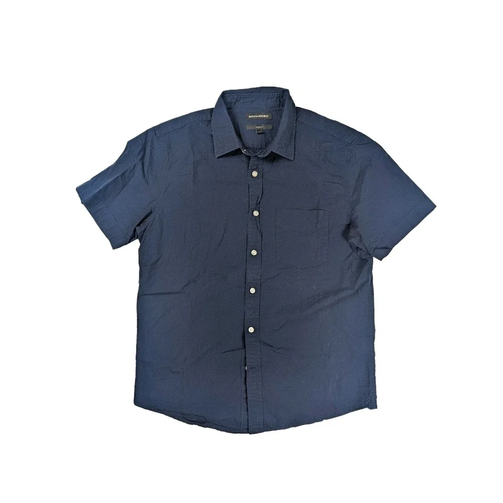 Banana Republic Slim Fit Blue Seer Sucker Button Short Sleeve Shirt Men's Size M