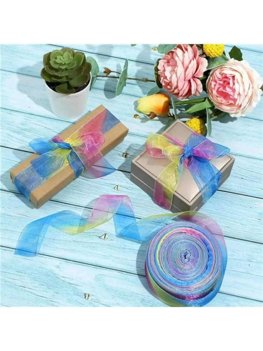 Rainbow Organza Satin Ribbon 1 Inch x 50 Yards Sheer Colorful Ribbon for Crafts