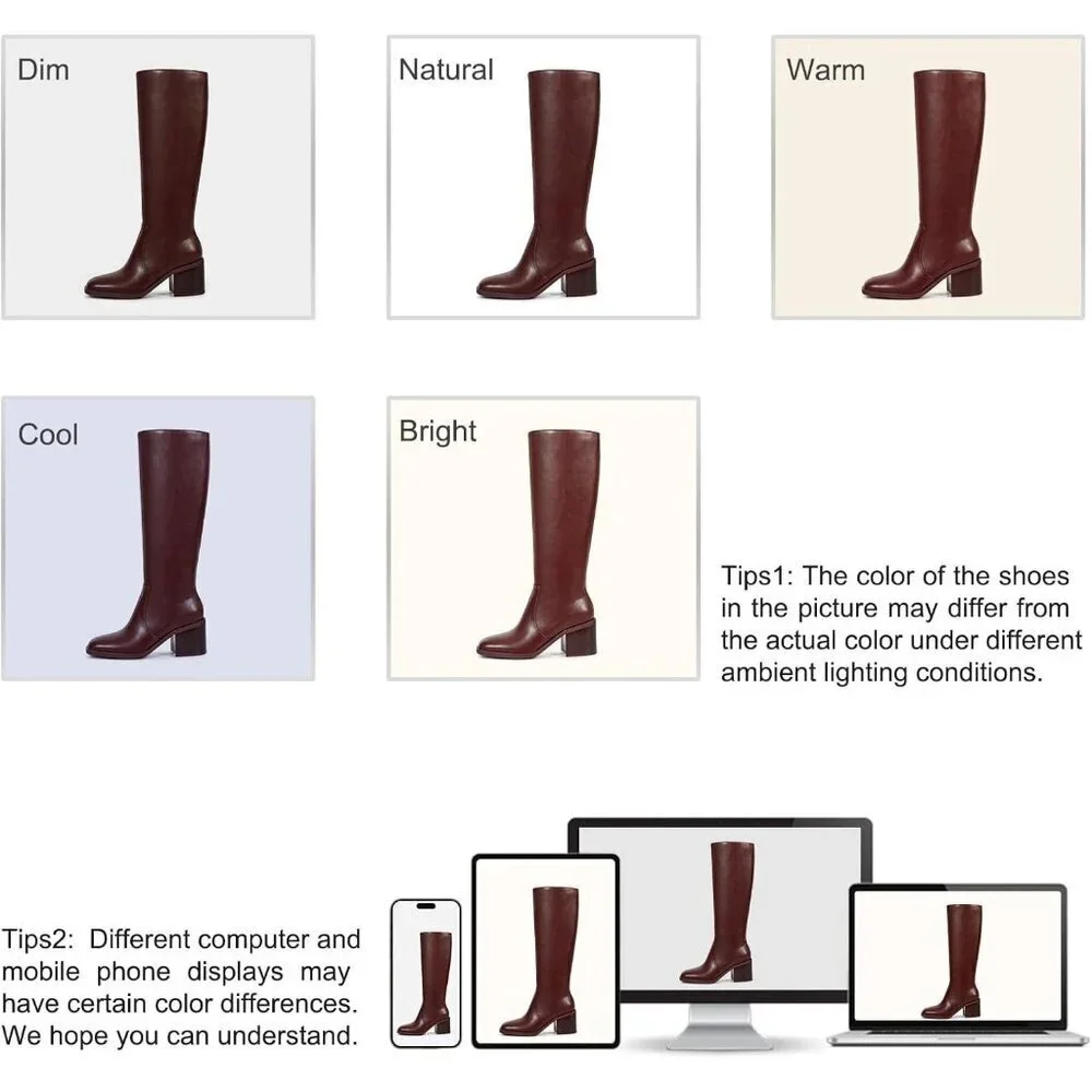 Women Brown Chunky Low Heel Square Toe Elastic Tall Boots Side Zipper PU Lea