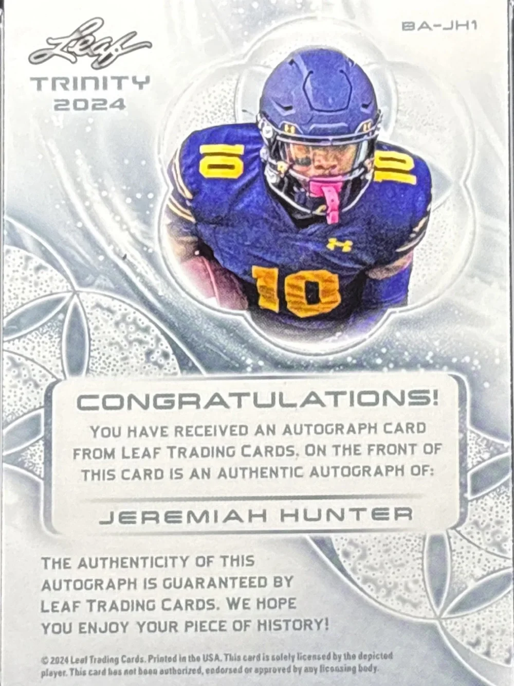 Leaf Trinity Jeremiah Hunter Autograph Card - LE 36/49