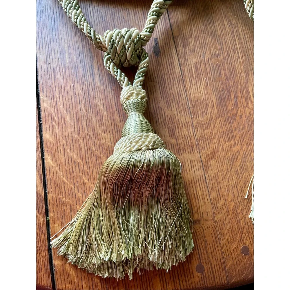 Vintage Sage Green Gold Tassel Curtain Tiebacks Twisted Rope Pair Set of 2