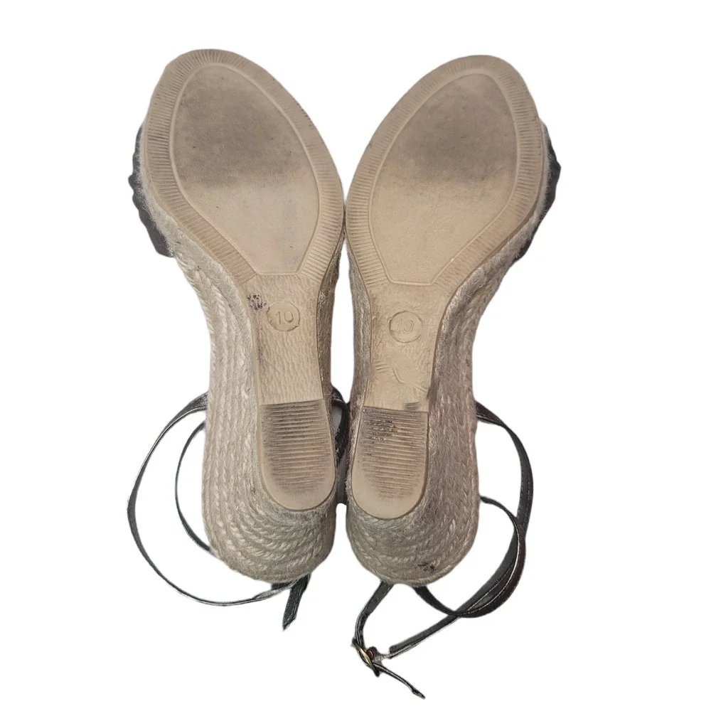 J. Crew Women's Leather Espadrille Wedge Sandals Pewter Silver Metallic Size 10