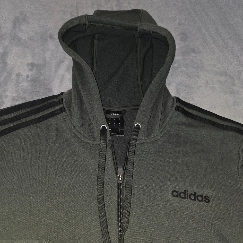 Adidas Mens Full Zip Hoodie Olive Green Three Stripe Athletic Sweatshirt Medium