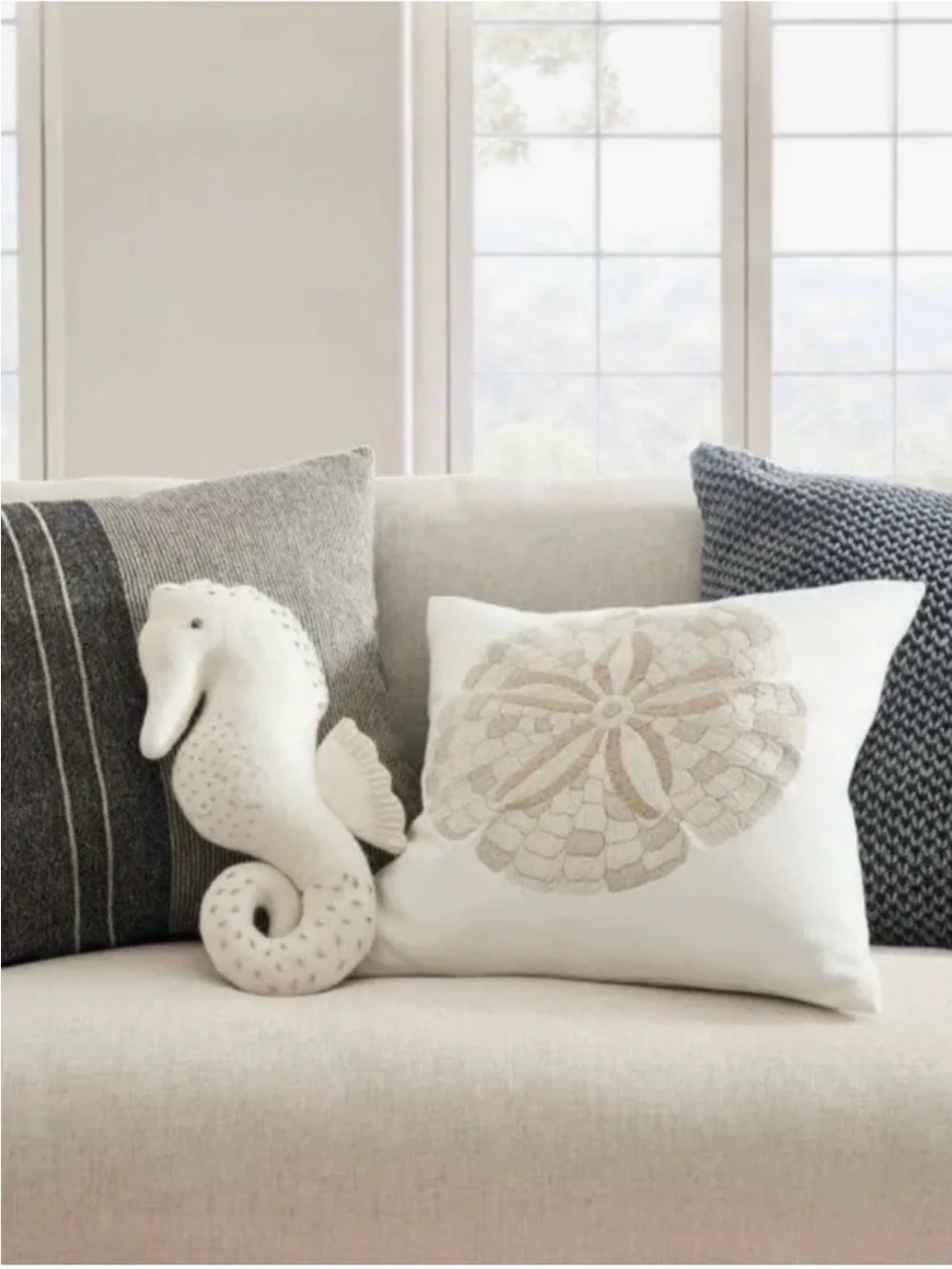 Pottery Barn Seahorse Lumbar Pillow 18x8 Ivory Coastal Decor NWT