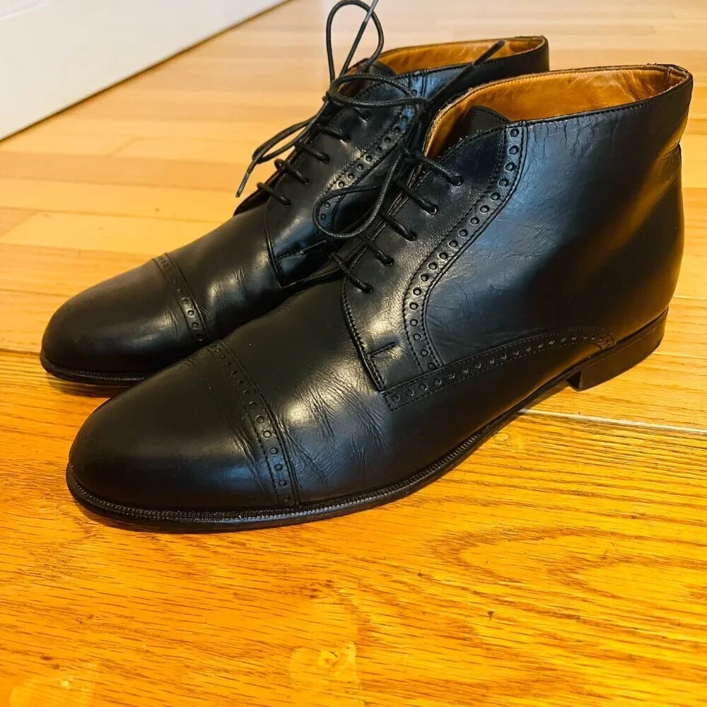 VTG Bostonian Oxford Ankle Boots Mens 9.5 Black Leather Lace Up Chukka Italy